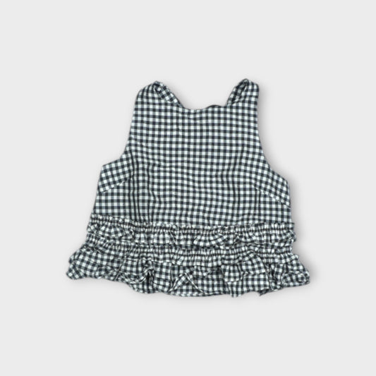 GANNI Crinkled Taffeta Check Open Back Frill Top