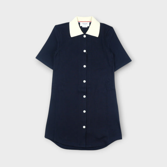 THOM BROWNE SHORT SLEEVE POLO DRESS W/ CONTRAST RIB TRIM IN SOLID DOUBLE FACE KNIT