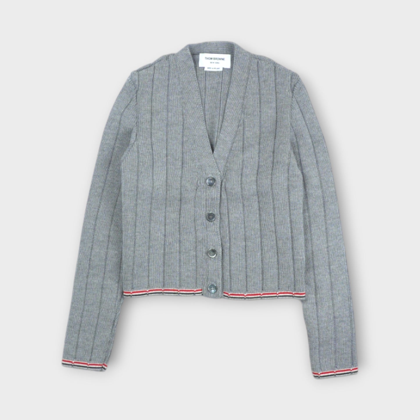 THOM BROWNE LADDER FULL NEEDLE RIB STITCH V NECK CARDIGAN IN MERINO WOOL