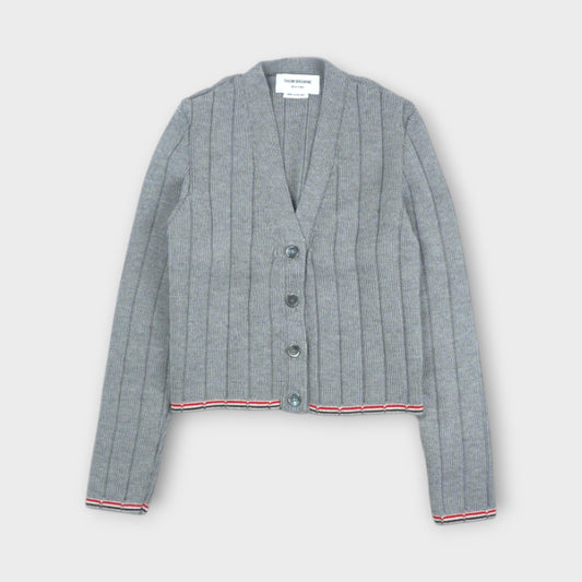 THOM BROWNE LADDER FULL NEEDLE RIB STITCH V NECK CARDIGAN IN MERINO WOOL