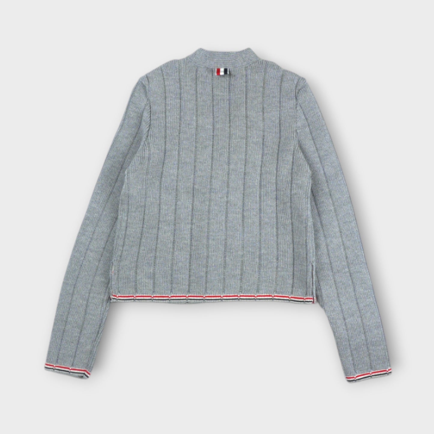 THOM BROWNE LADDER FULL NEEDLE RIB STITCH V NECK CARDIGAN IN MERINO WOOL