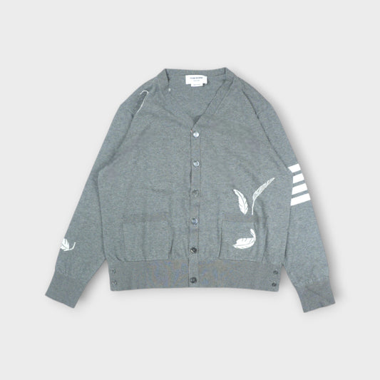THOM BROWNE FEATHER JERSEY INTARSIA HIGH V NECK CARDIGAN IN COTTON W/ 4 BAR STRIPE
