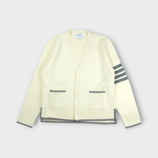 THOM BROWNE MILANO STITCH V NECK CARDIGAN IN MERINO WOOL W/ GROSGRAIN TIPPING AND 4 BAR STRIPE