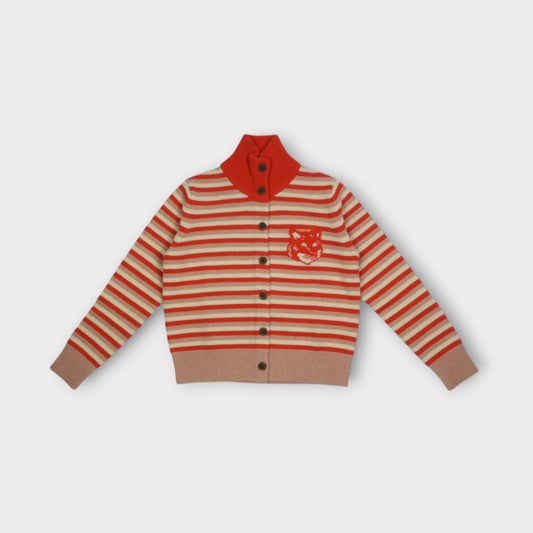 MAISON KITSUNÉ FOX HEAD INTARSIA STRIPED HIGH NECK CARDIGAN