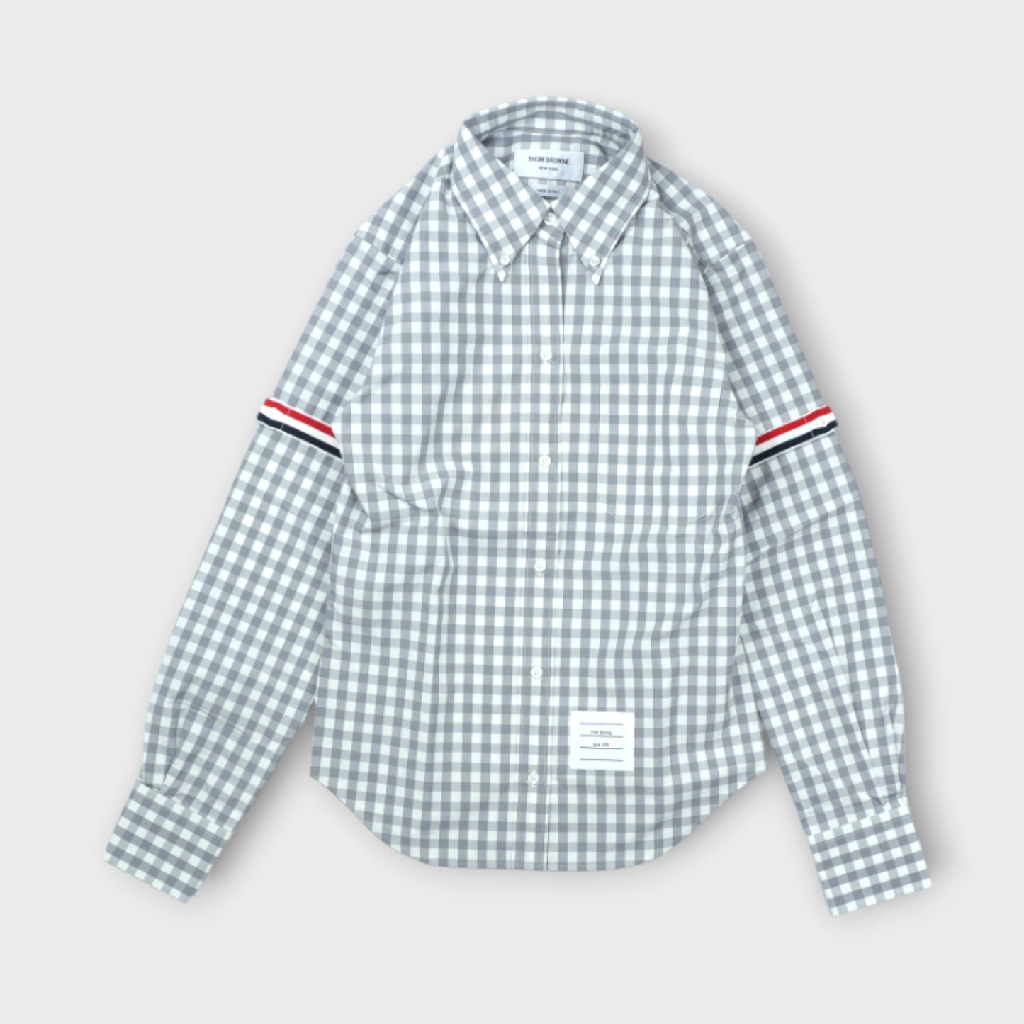 THOM BROWNE CLASSIC LONG SLEEVE POINT COLLAR SHIRT W/ARMBANDS IN GINGHAM CHECK POPLIN