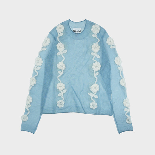 GANNI Sheer Flower Crochet Applique Top
