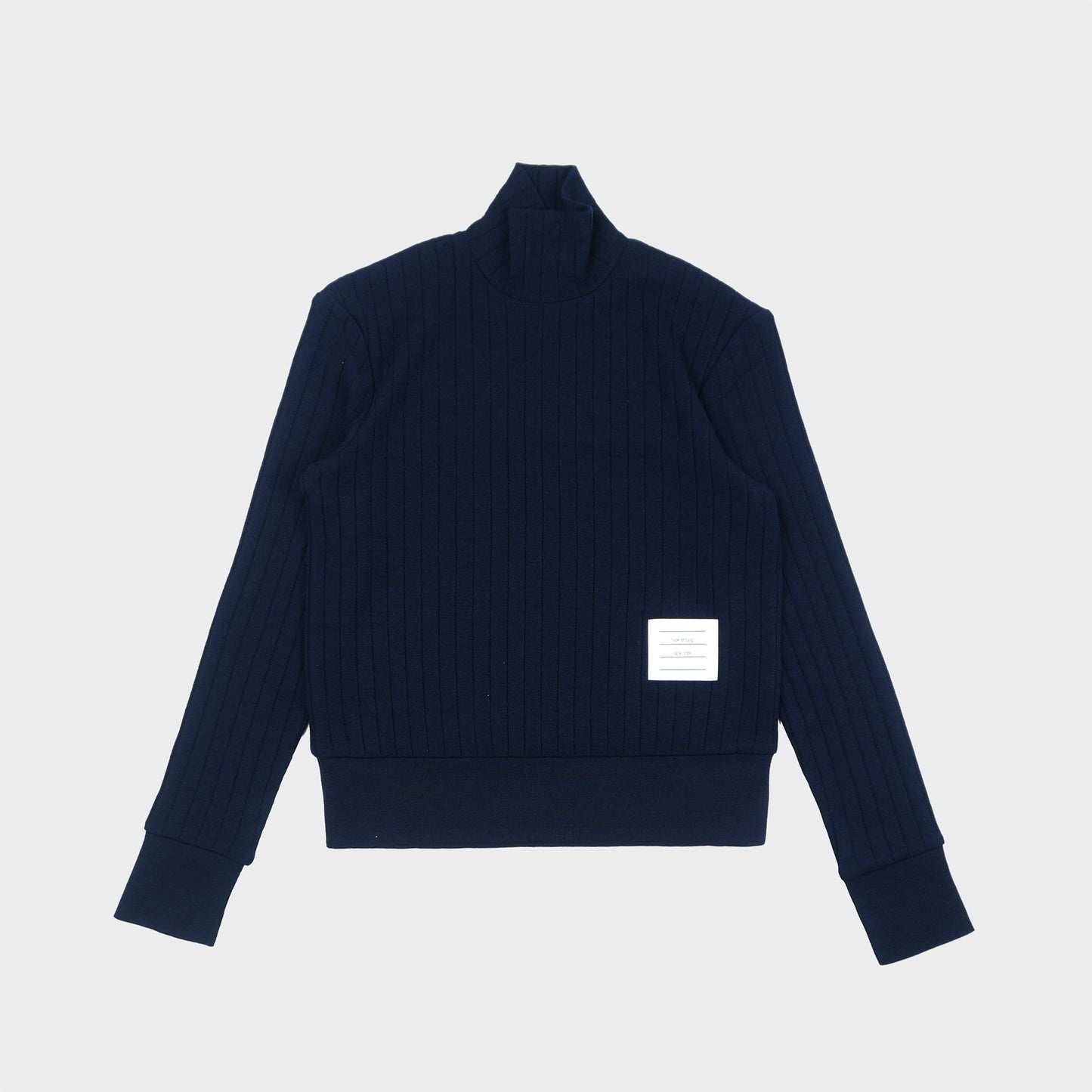 THOM BROWNE LONG SLEEVE RIB CUFF TURTLENECK IN WIDE WOOL RIB