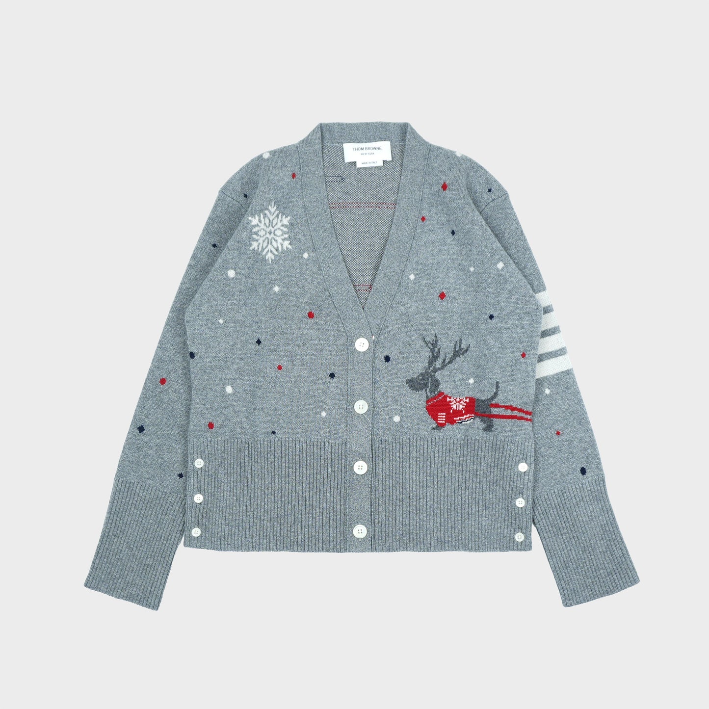 THOM BROWNE REINDEER HECTOR INTARSIA JACQUARD CLASSIC V NECK CARDIGAN IN CASHMERE