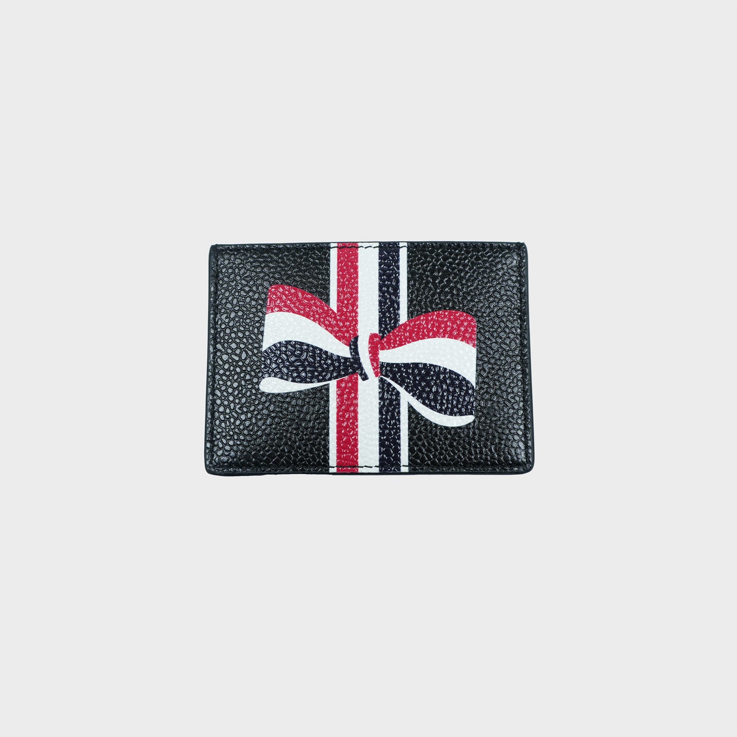 THOM BROWNE SINGLE CARD HOLDER W/ RWB BOW IN PEBBLE GRAIN LEATHER