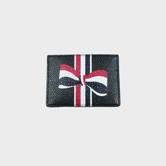 THOM BROWNE SINGLE CARD HOLDER W/ RWB BOW IN PEBBLE GRAIN LEATHER