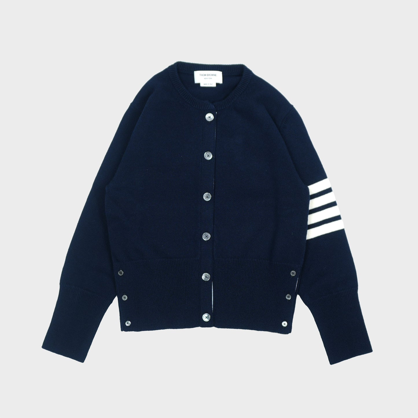 THOM BROWNE LNY JERSEY INTARSIA CLASSIC FIT CREW NECK CARDIGAN IN WOOL W/ 4 BAR