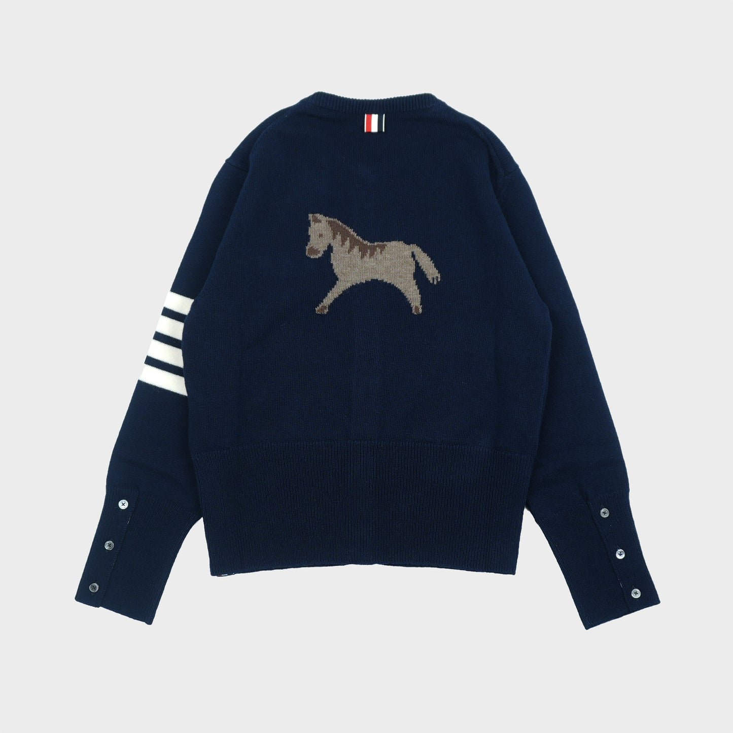 THOM BROWNE LNY JERSEY INTARSIA CLASSIC FIT CREW NECK CARDIGAN IN WOOL W/ 4 BAR