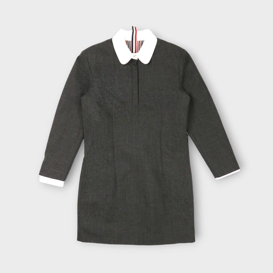 THOM BROWNE THIGH LENGTH MINI SHIFT DRESS W/ COLLAR AND CUFF IN 2 PLY CRISPY WOOL SUITING