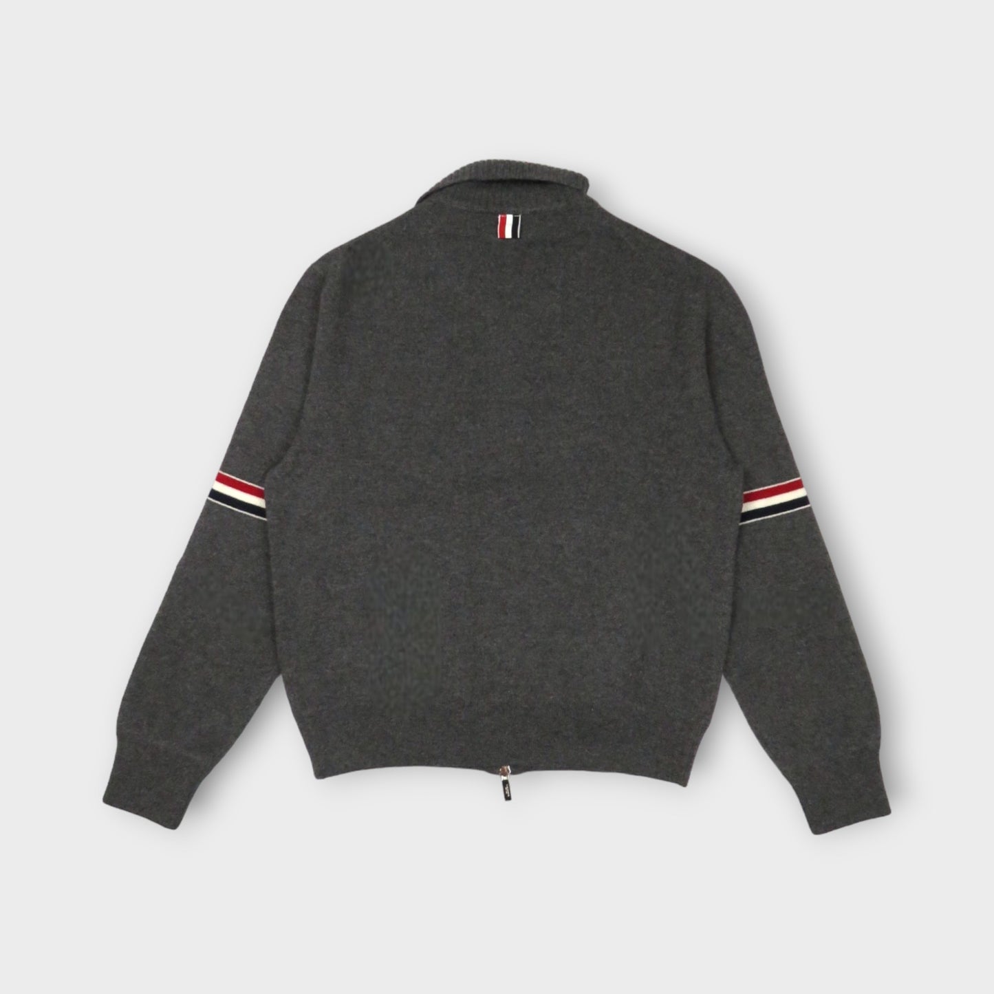 THOM BROWNE JERSEY FLOAT JACQUARD STITCH POLO COLLAR FULL ZIP IN CASHMERE W/ RWB ARMBAND