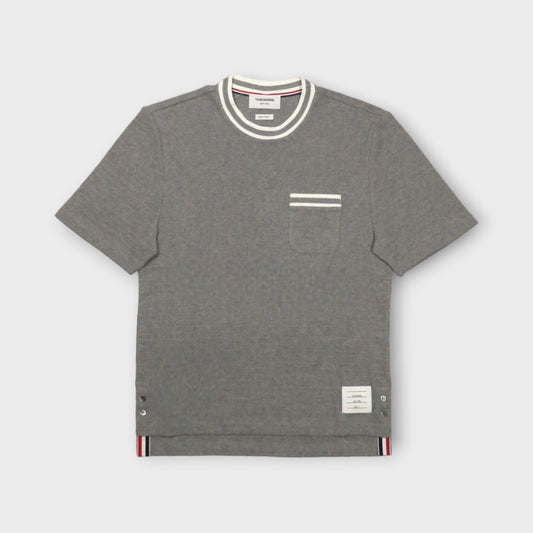 THOM BROWNE SHORT SLEEVE TEE W/ STRIPED RACKING STITCH TRIMS IN TEXTURED POINTELLE COTTON