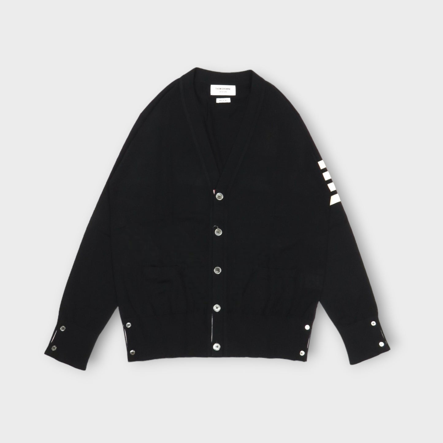 THOM BROWNE CLASSIC V-NECK CARDIGAN IN FINE MERINO WOOL