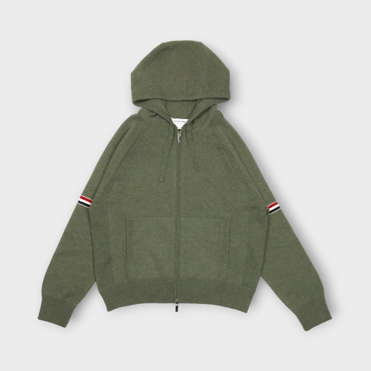 THOM BROWNE JERSEY FLOAT JACQUARD STITCH ZIP UP HOODIE IN CASHMERE W/ RWB ARMBAND