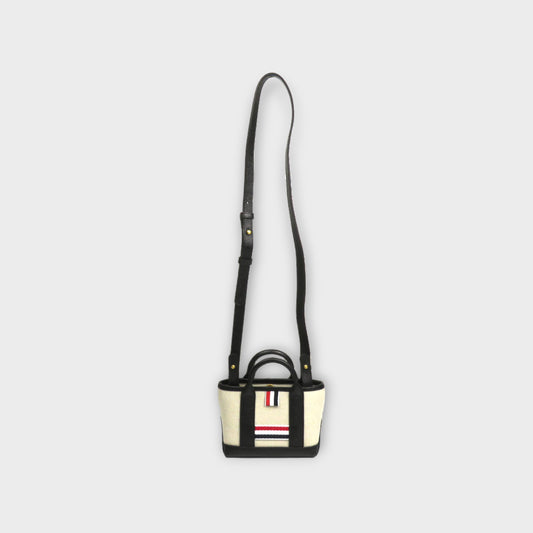 THOM BROWNE MINI TOOL TOTE BAG W/ LEATHER HANDLES IN SALT AND PEPPER COTTON CANVAS