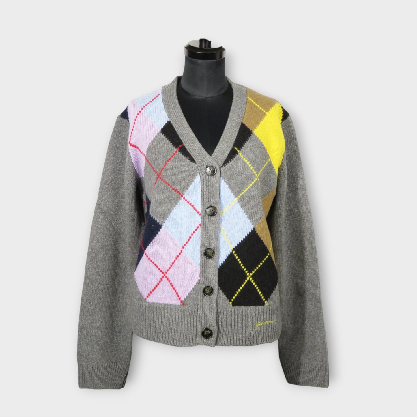 GANNI Harlequin Wool Mix Knit Cardigan