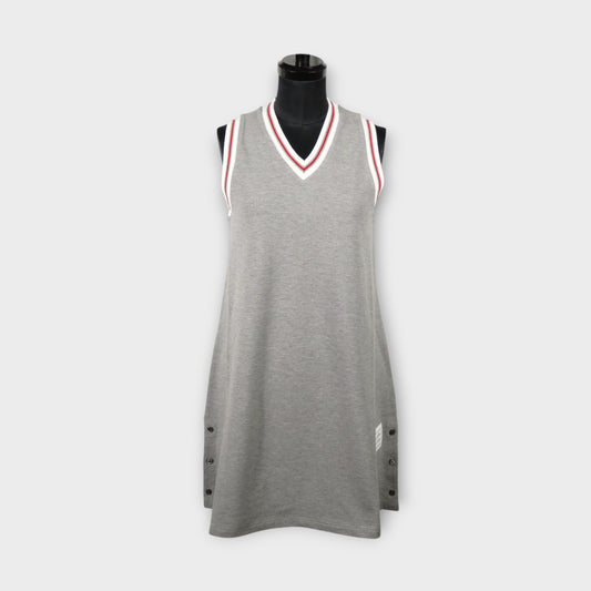 THOM BROWNE V NECK TENNIS DRESS W/ RWB CRICKET STRIPE IN CLASSIC PIQUE