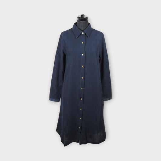 THOM BROWNE LONG SLEEVE SHIRT DRESS W/ GROSGRAIN TRIMS IN COTTON TUCK RIB