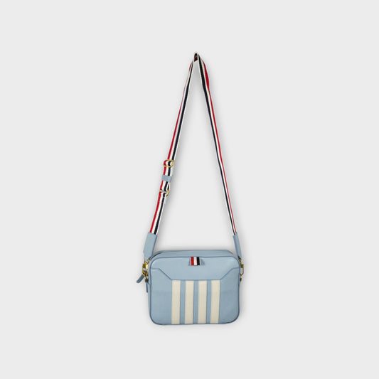 THOM BROWNE SMALL CAMERA BAG W/ RWB STRAP & 4 BAR STRIPES IN PEBBLE GRAIN LEATHER