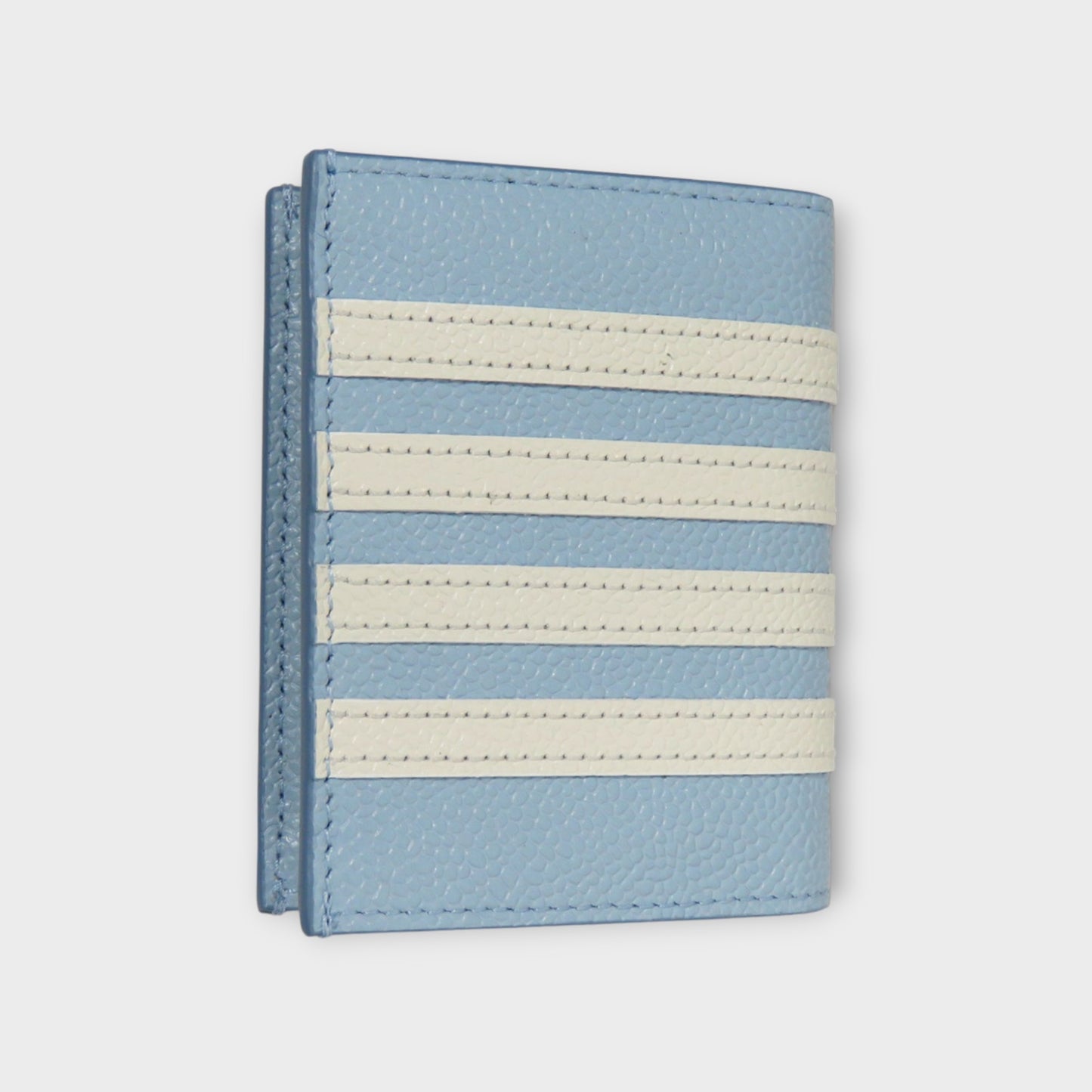 THOM BROWNE DOUBLE CARD HOLDER W/ 4 BAR APPLIQUE’ STRIPE IN PEBBLE GRAIN LEATHER