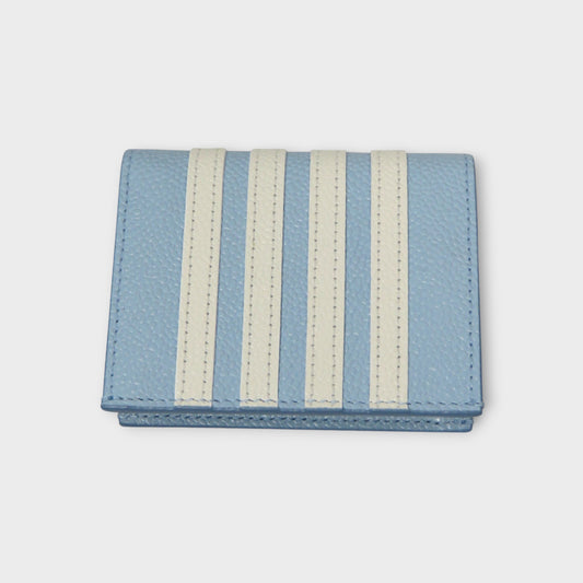 THOM BROWNE DOUBLE CARD HOLDER W/ 4 BAR APPLIQUE’ STRIPE IN PEBBLE GRAIN LEATHER