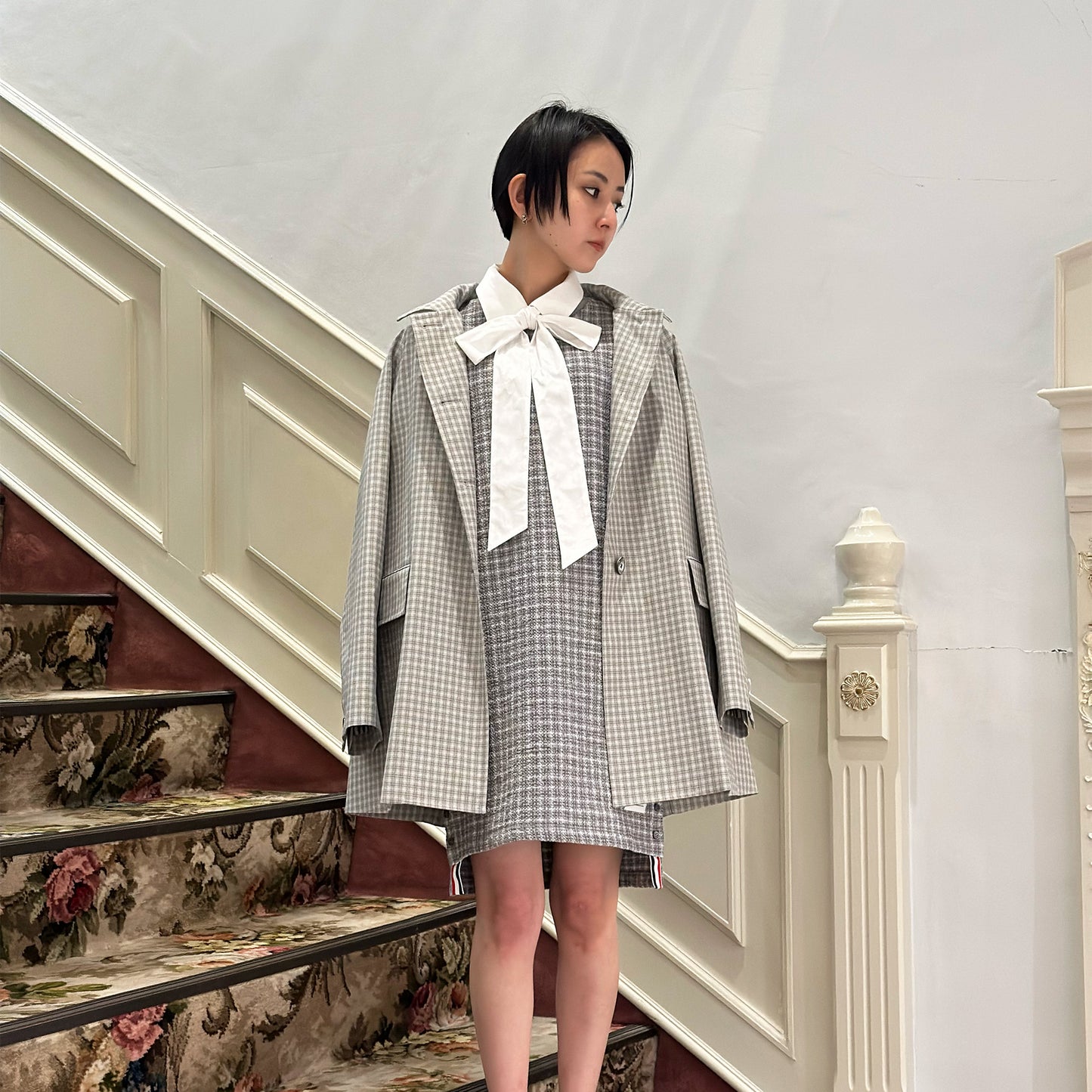 THOM BROWNE CROPPED CAR COAT W/ BOX PLEAT (76CM) IN SMALL CHECK POLY TECH CANVAS