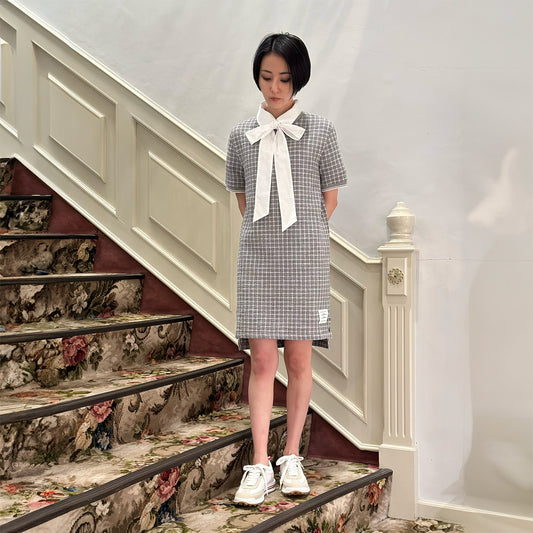 THOM BROWNE SHORT SLEEVE CREW NECK DRESS IN COTTON TWEED