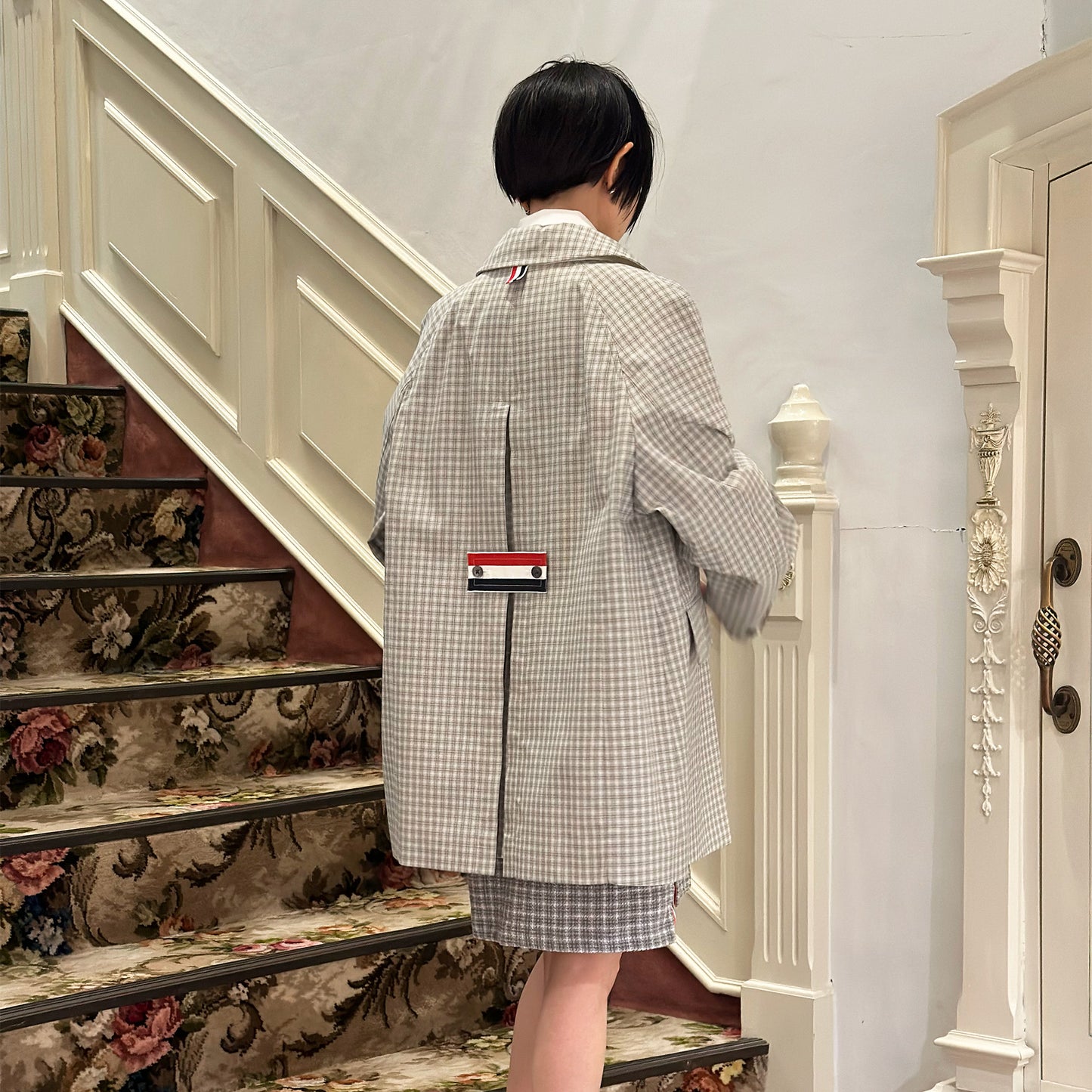 THOM BROWNE CROPPED CAR COAT W/ BOX PLEAT (76CM) IN SMALL CHECK POLY TECH CANVAS