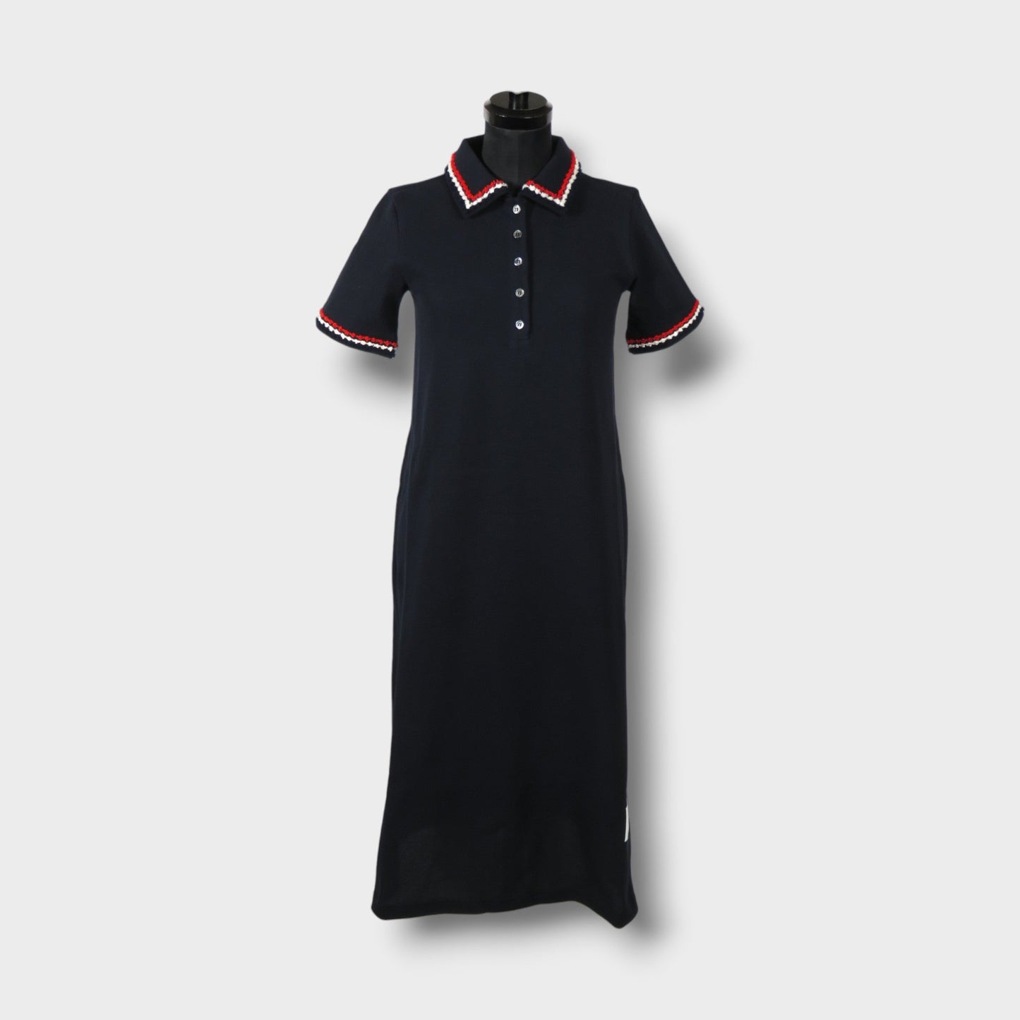 THOM BROWNE CALF LENGTH POLO DRESS W/ RWB BOUCLE EMB TRIM IN CLASSIC PIQUE