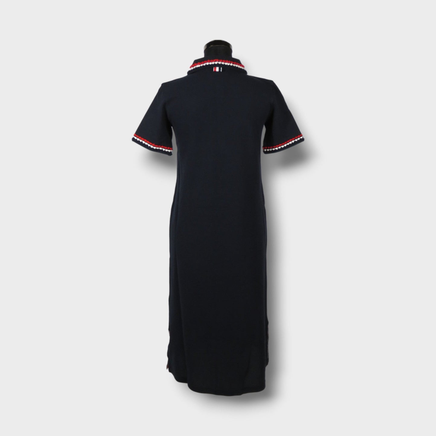 THOM BROWNE CALF LENGTH POLO DRESS W/ RWB BOUCLE EMB TRIM IN CLASSIC PIQUE