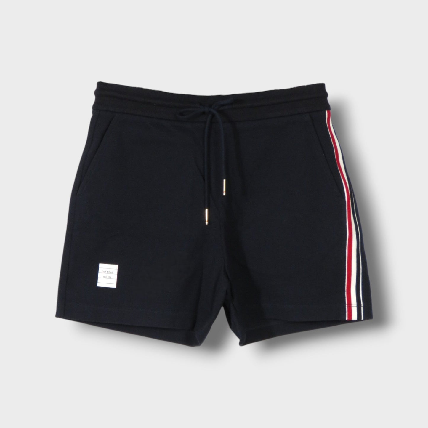 THOM BROWNE MID-THIGH SHORTS W/ RWB SIDE STRIPE IN CLASSIC PIQUE