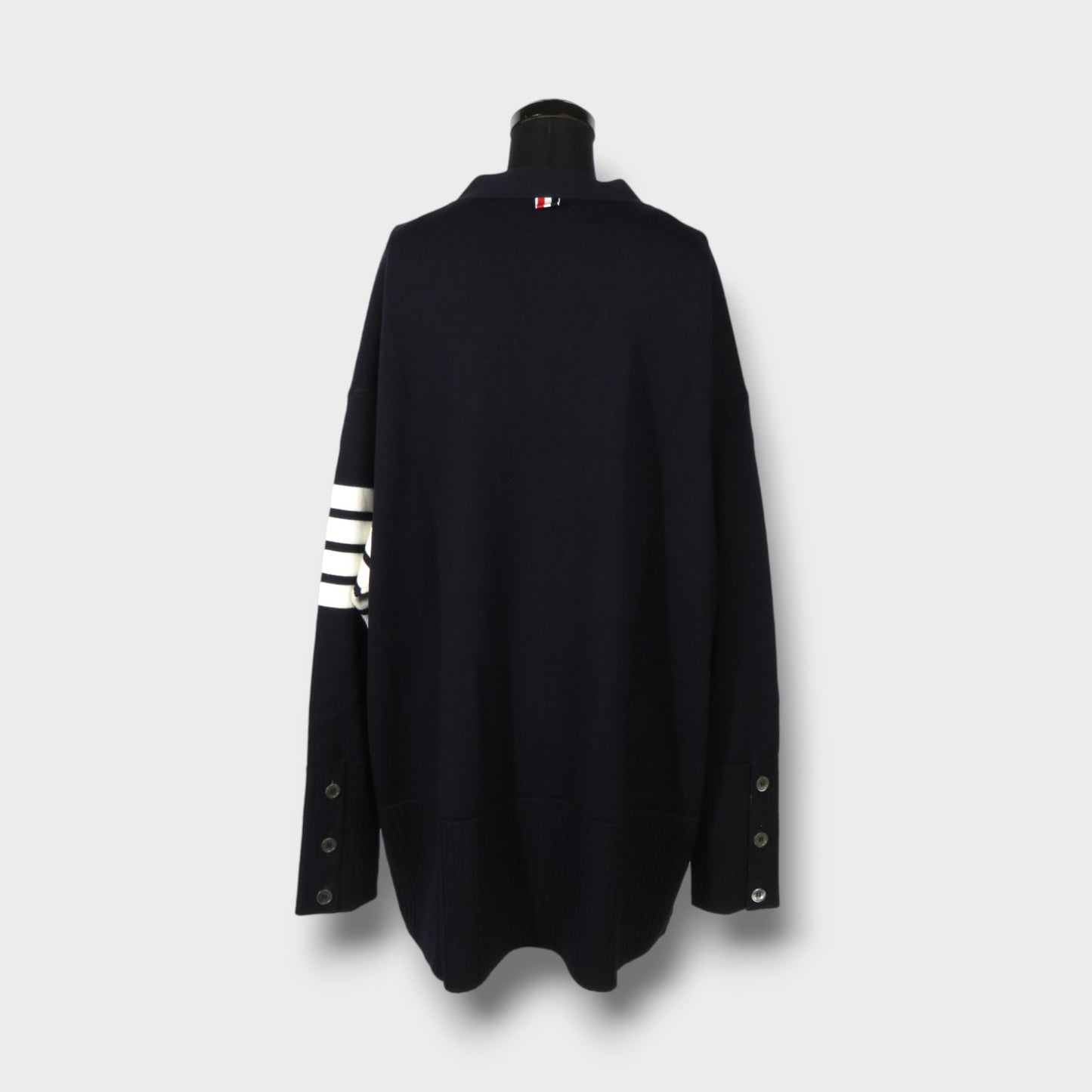 THOM BROWNE EXAGGERATED FIT V NECK CARDIGAN W/ 4 BAR STRIPE IN FINE MERINO WOOL