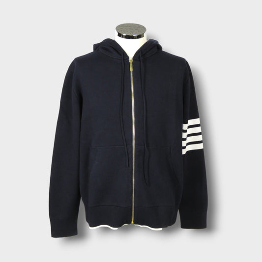 THOM BROWNE FISH ICON JACQUARD ZIP UP HOODIE IN COTTON W/ 4 BAR STRIPE